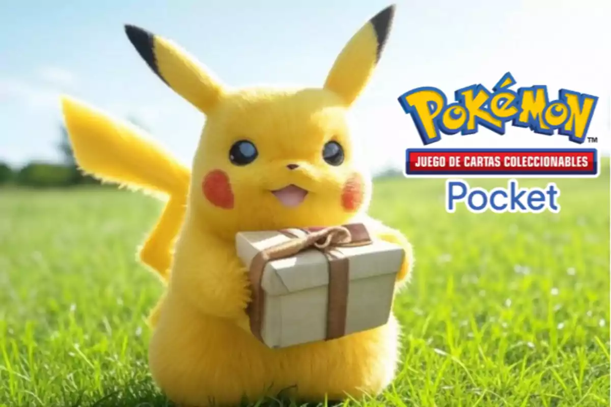 Un Pikachu sosteniendo un regalo en un campo verde con el logo de Pokémon Juego de Cartas Coleccionables Pocket.