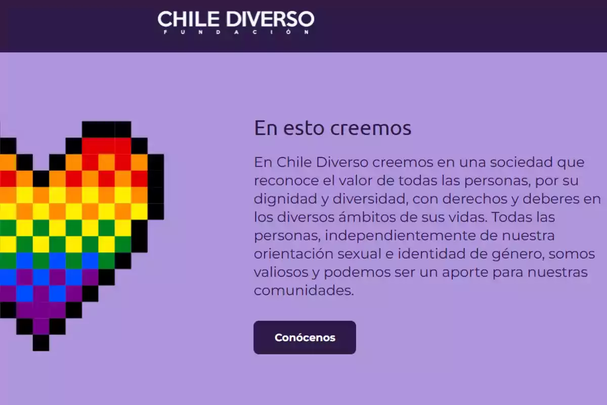 Imagen de la Fundación Chile Diverso con un corazón pixelado de colores del arcoíris a la izquierda y un texto a la derecha que habla sobre la importancia de la dignidad y diversidad de todas las personas, independientemente de su orientación sexual e identidad de género.