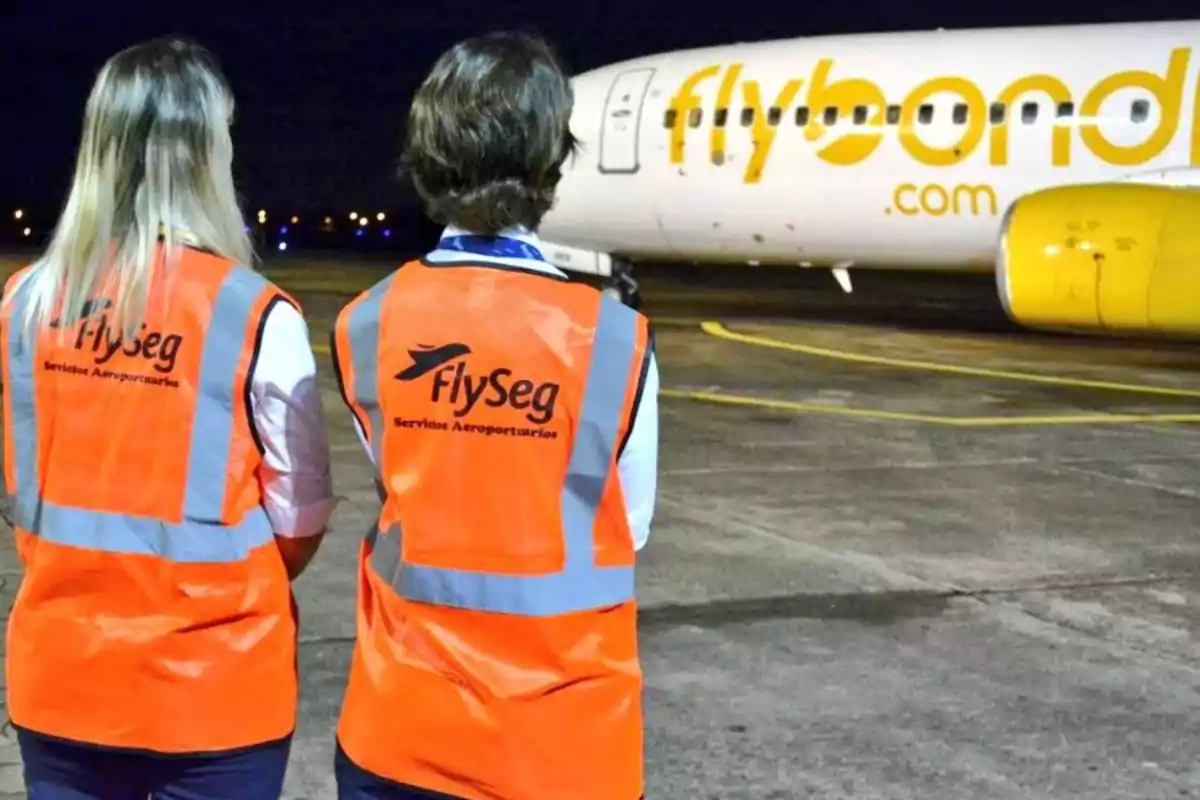 Dos personas con chalecos naranjas de FlySeg observan un avión de Flybondi en la pista.