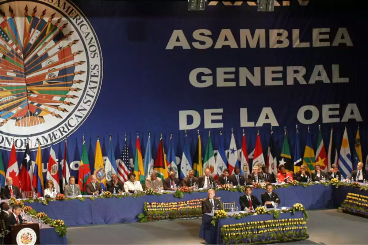 Reunión de la Asamblea General de la OEA con representantes sentados en una mesa rodeada de banderas de diferentes países.