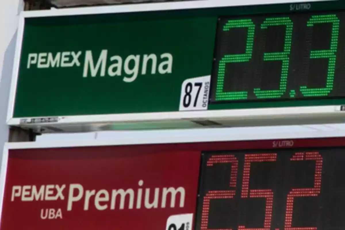 PEMEX gas price sign showing the cost per liter of Magna and Premium.