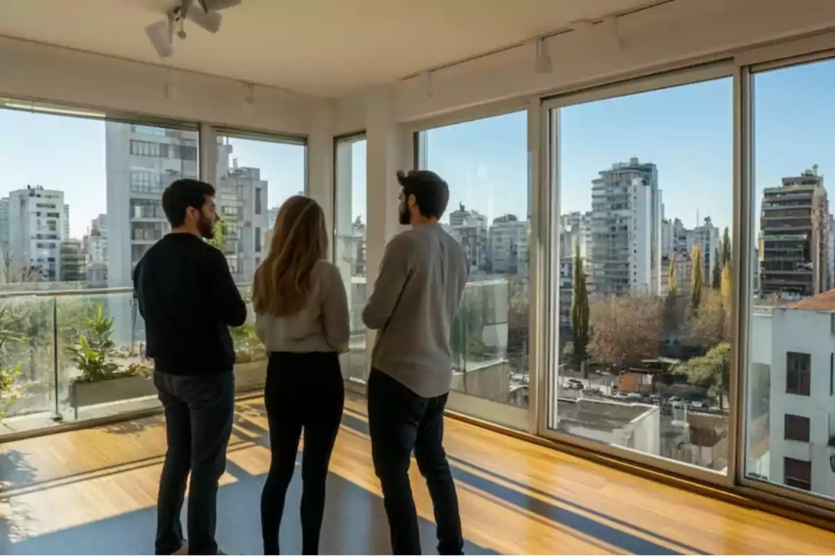 Tres personas de pie en un apartamento con grandes ventanales que muestran una vista urbana.