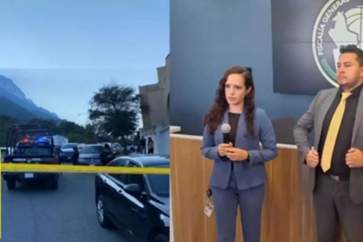 A police investigation scene with yellow tape and a press conference with two people speaking in front of an official logo.