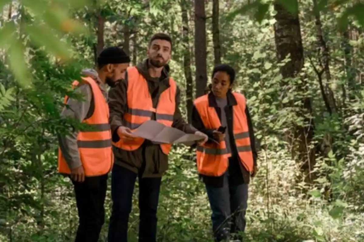 Three people in orange reflective vests are looking at a map in a forest.