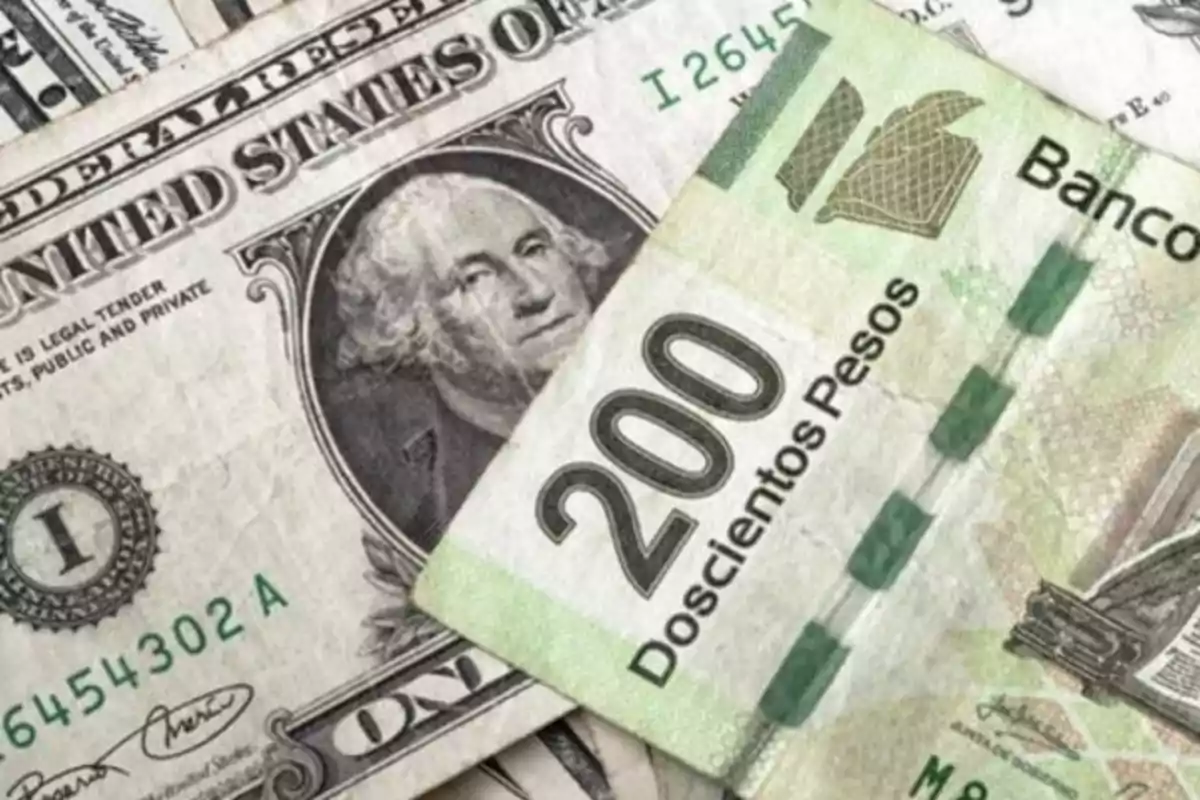 United States one-dollar bills and two hundred Mexican pesos overlapped.