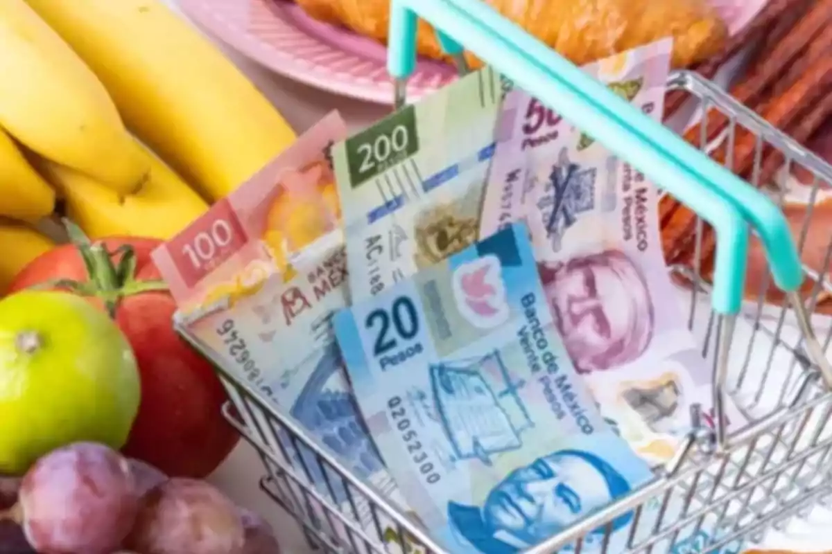 Mexican peso bills in a shopping basket next to fruits and food.