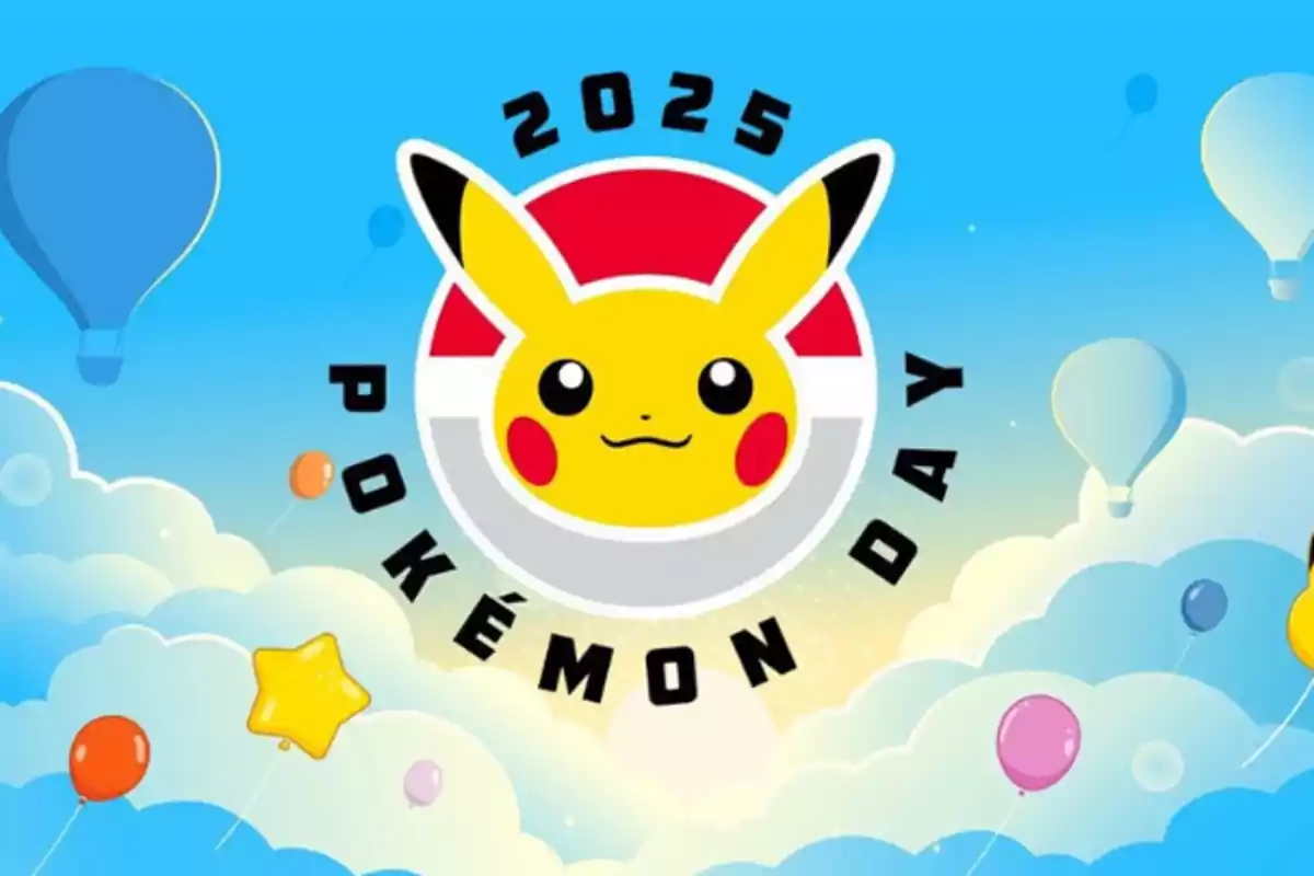 Image of a Pikachu emblem with the text "2025 Pokémon Day" surrounded by balloons and clouds in a blue sky.