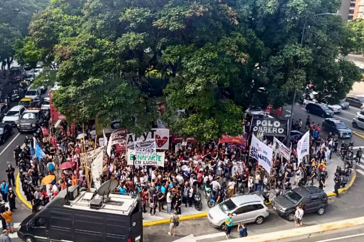 Una multitud se reúne en una esquina de la calle, sosteniendo pancartas y banderas, rodeada de árboles y vehículos estacionados.