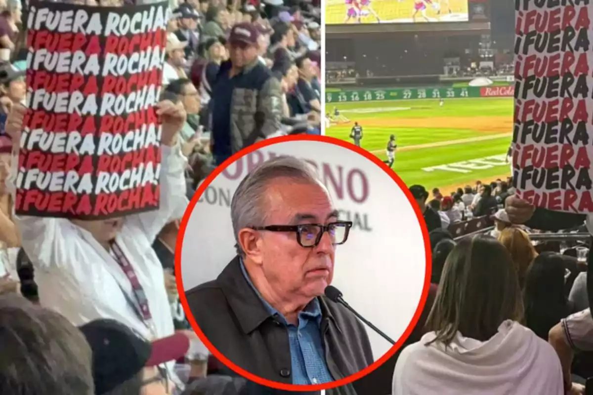 Una persona sostiene un cartel en un evento deportivo con la frase "Fuera Rocha" repetida varias veces, mientras que en un recuadro se muestra a un hombre mayor hablando en un micrófono.