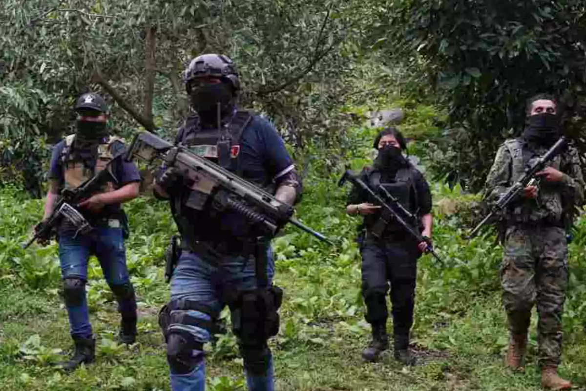 Un grupo de personas armadas y enmascaradas camina por un área boscosa.