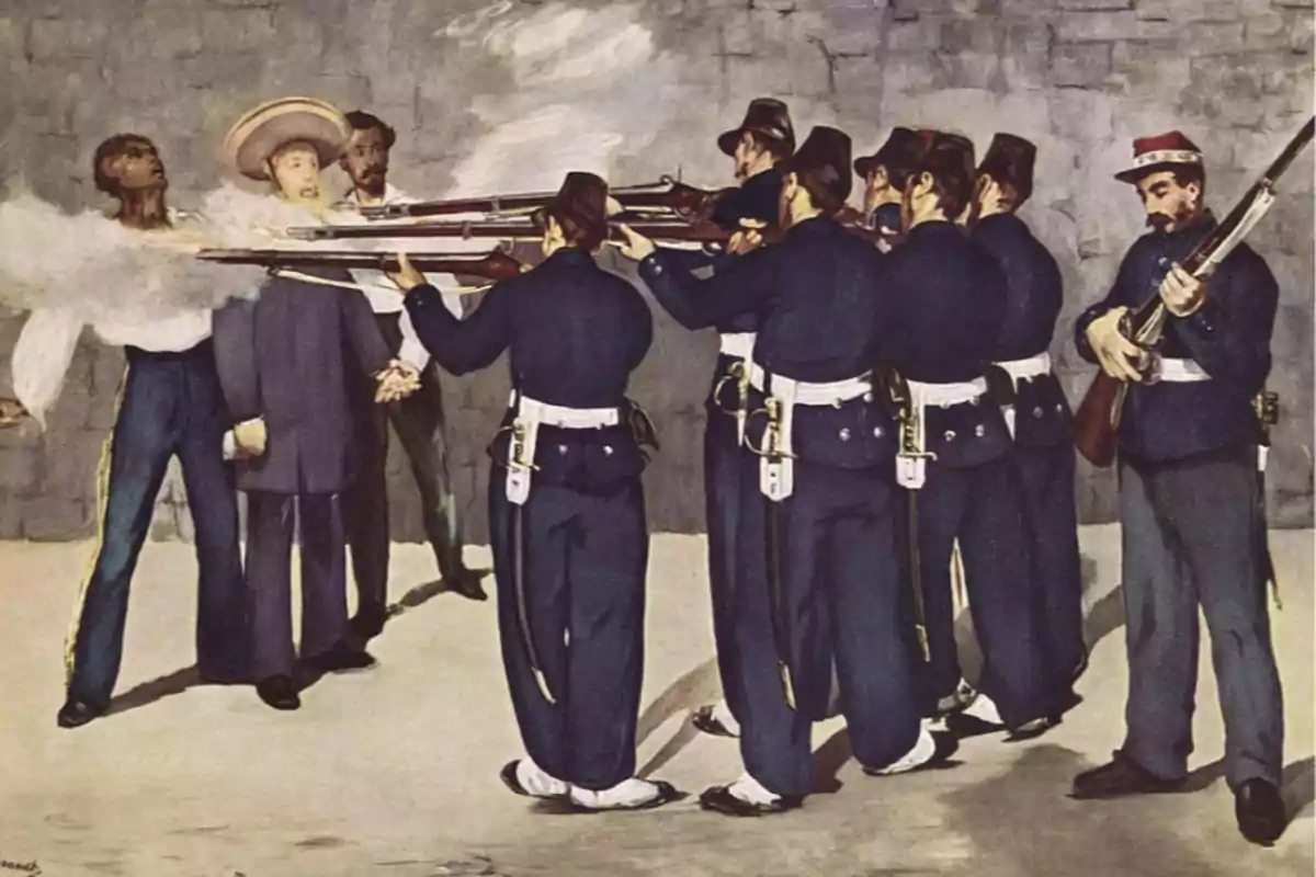 A painting depicting a group of soldiers aiming their rifles at three men in an act of execution.