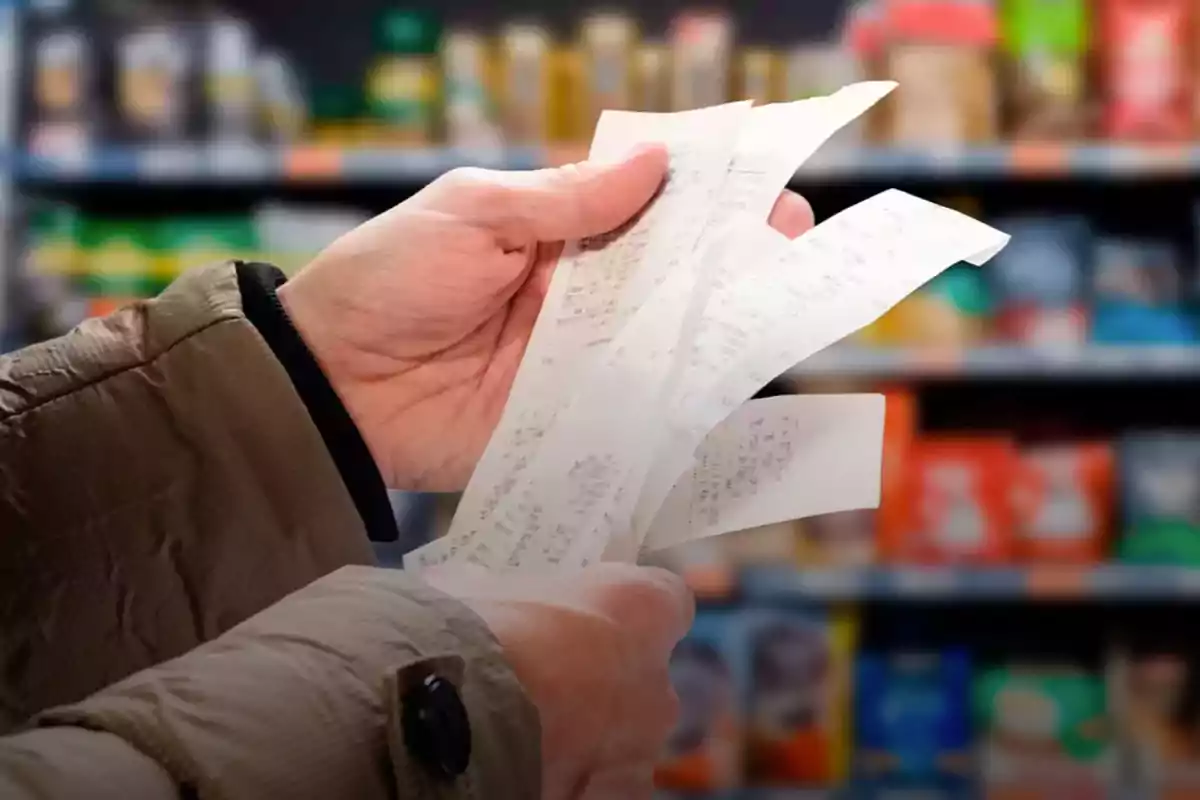 Una persona revisa varios recibos en un supermercado.