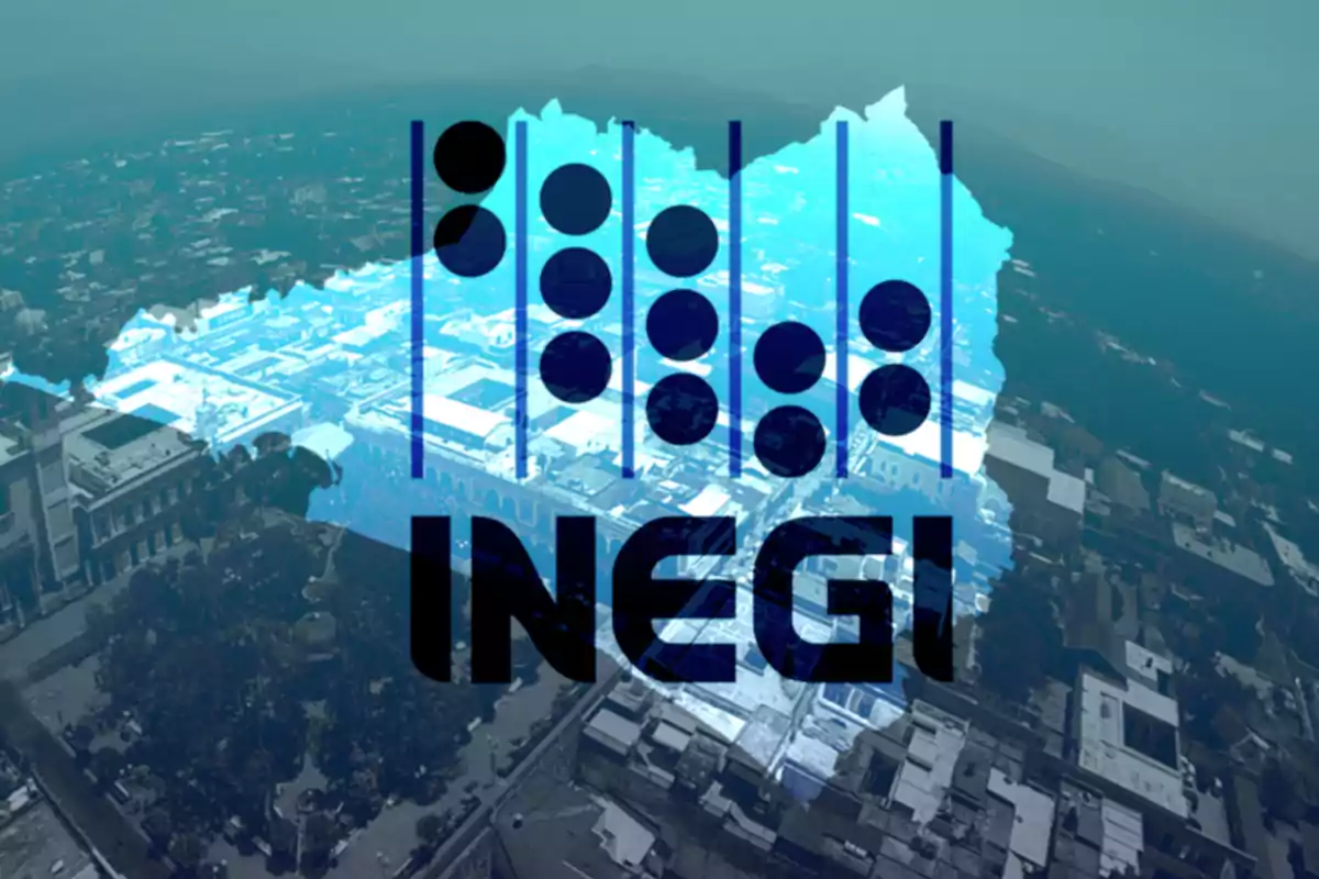 Logo del INEGI sobre un fondo de vista aérea de una ciudad.