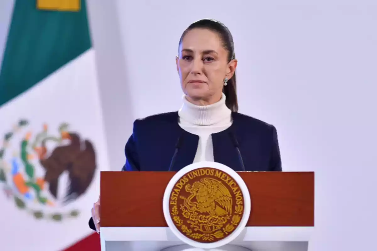 Una persona de pie detrás de un podio con el escudo de México y una bandera mexicana al fondo.