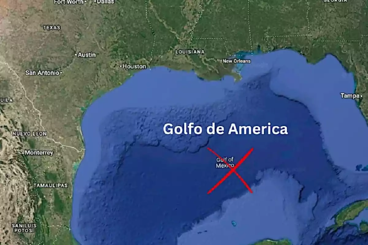 Mapa satelital que muestra el Golfo de México etiquetado como 