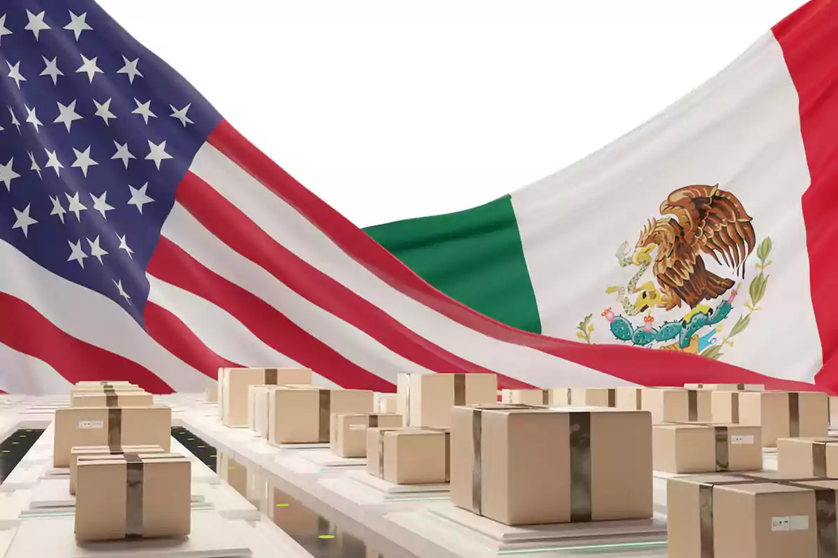 Banderas de Estados Unidos y México ondeando detrás de una serie de cajas de cartón apiladas.