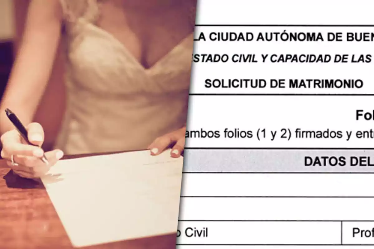 Una persona firmando un documento junto a una solicitud de matrimonio.