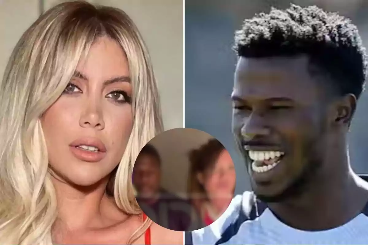 Wanda Nara y Keita Baldé en un collage con una imagen borrosa del video filtrado con ellos juntos en dubai en un círculo en el centro.