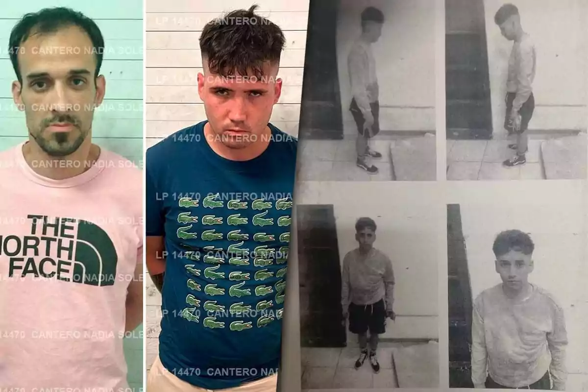 Dos hombres con camisetas estampadas posan para fotos de frente, junto a imágenes en blanco y negro de una persona en diferentes ángulos.