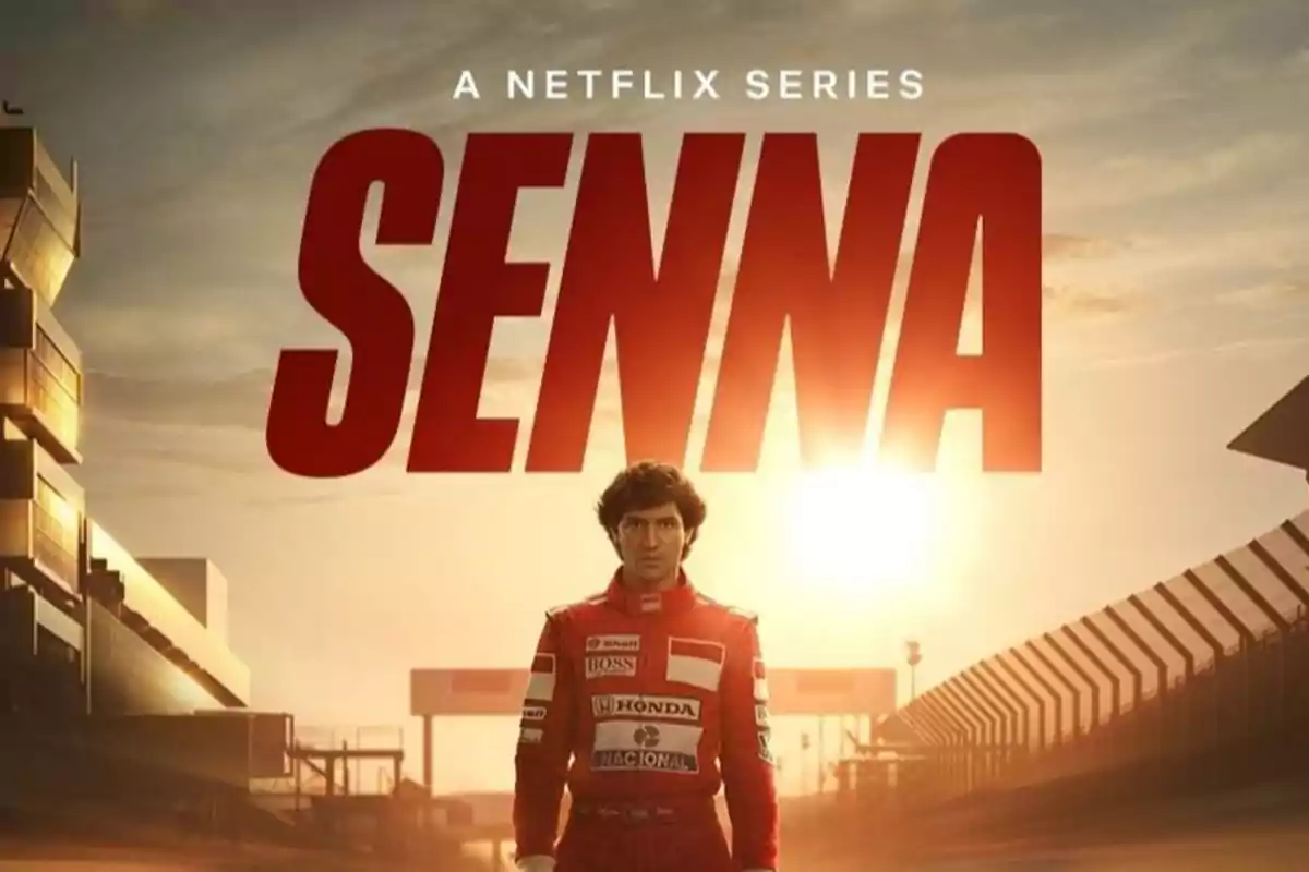 Portada de la serie de Netflix "Senna" con un piloto de carreras en un circuito al atardecer.