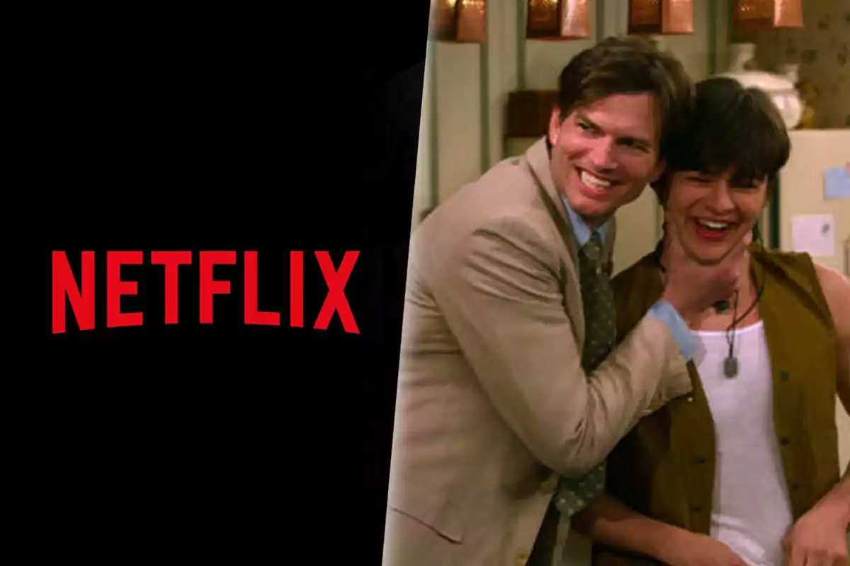 Personas sonriendo en una escena de "That 90's Show" una serie junto al logo de Netflix.