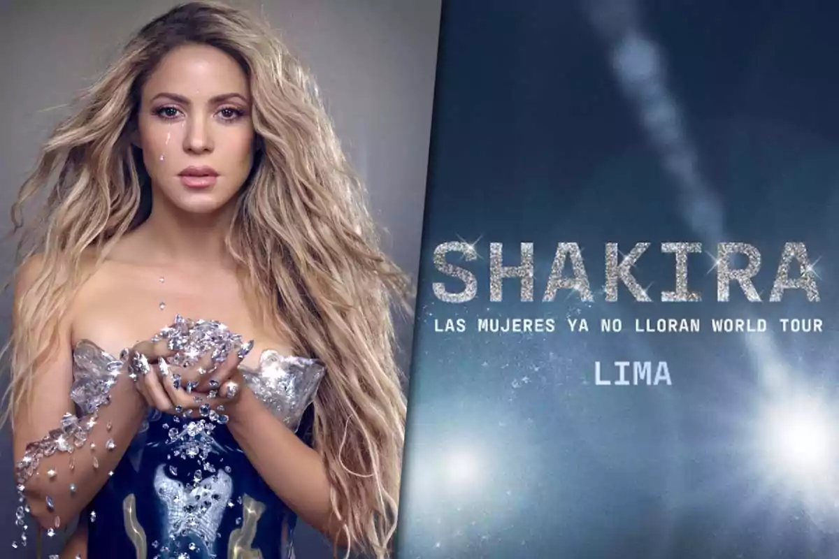 Shakira holds crystals in her hands, next to a sign announcing a world tour in Lima.