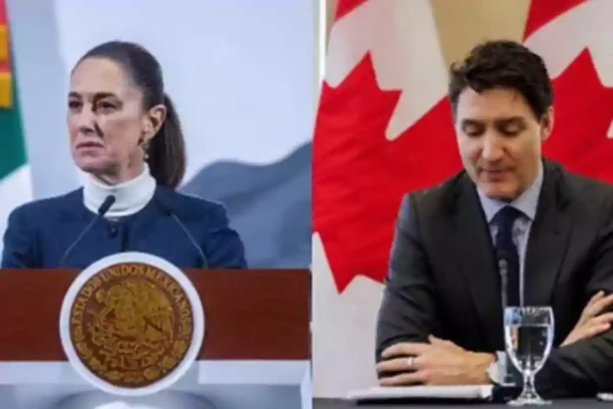 Two people in a formal setting with Mexican and Canadian flags in the background.