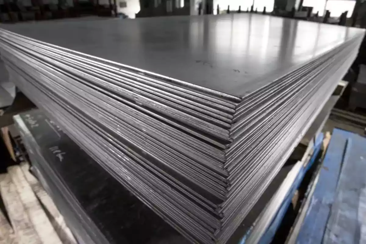 A set of metal sheets stacked in a warehouse.