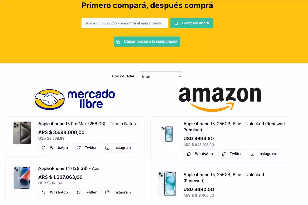 Comparación de precios de iPhones entre Mercado Libre y Amazon con opciones para compartir en redes sociales.