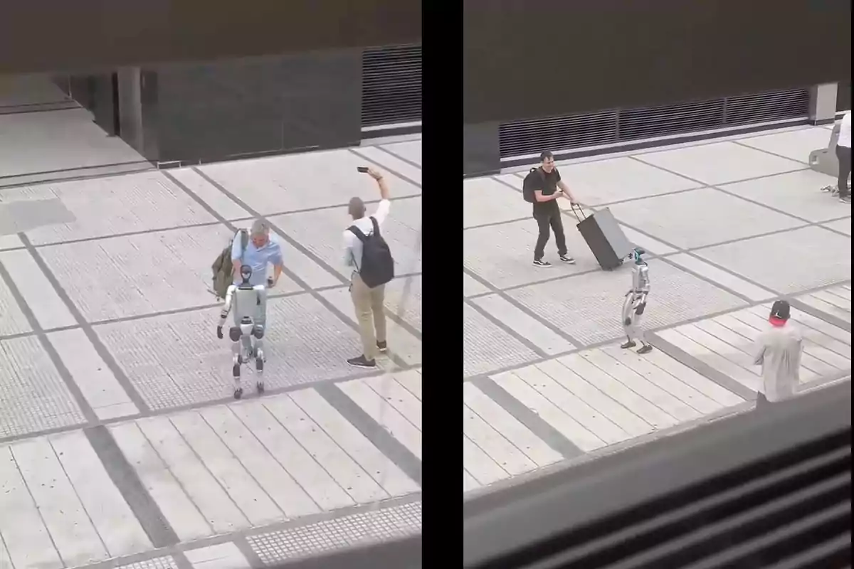 Personas interactuando con un robot humanoide en una plaza urbana.