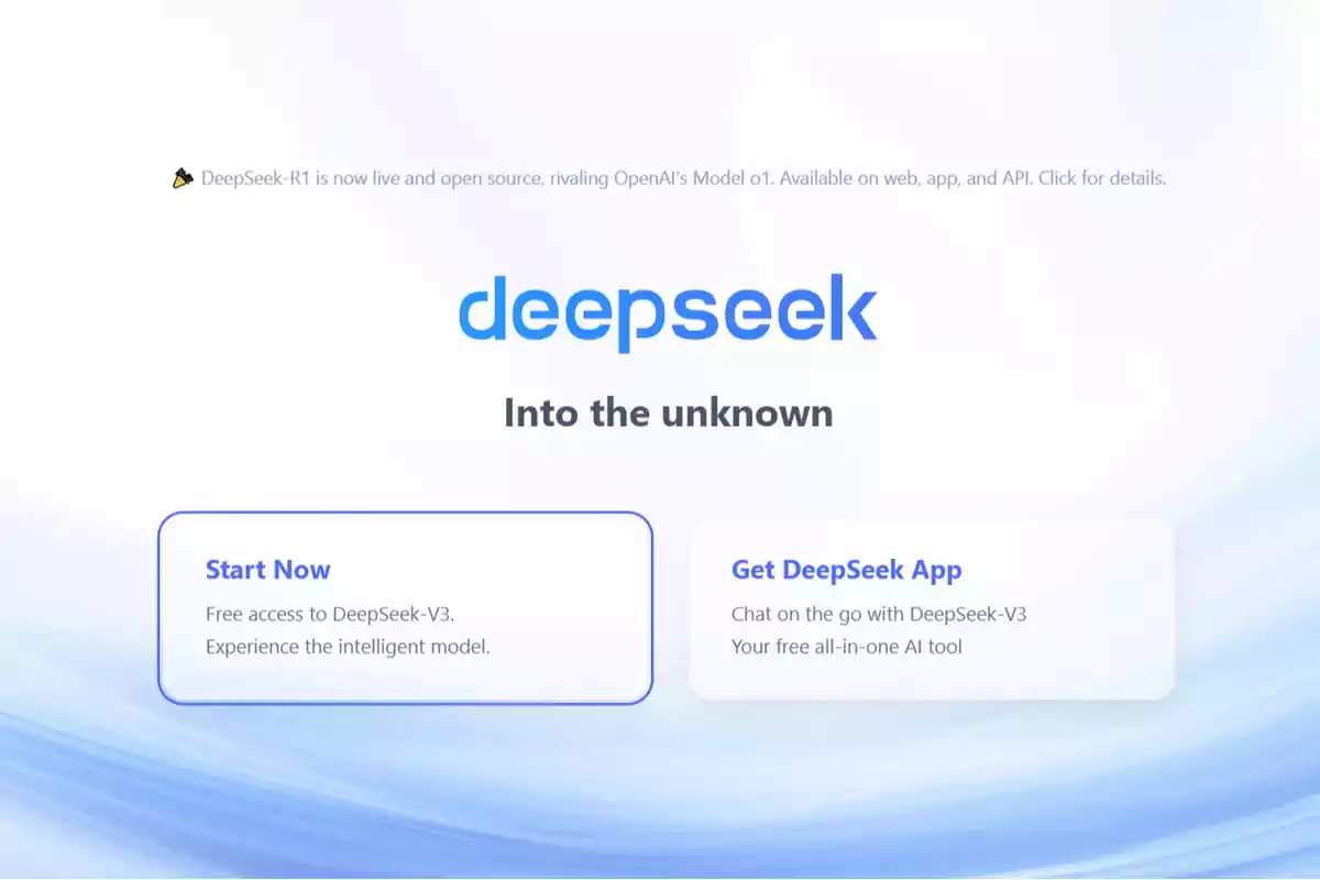 Imagen promocional de DeepSeek con el texto "Into the unknown" y opciones para comenzar a usar la aplicación o descargarla.