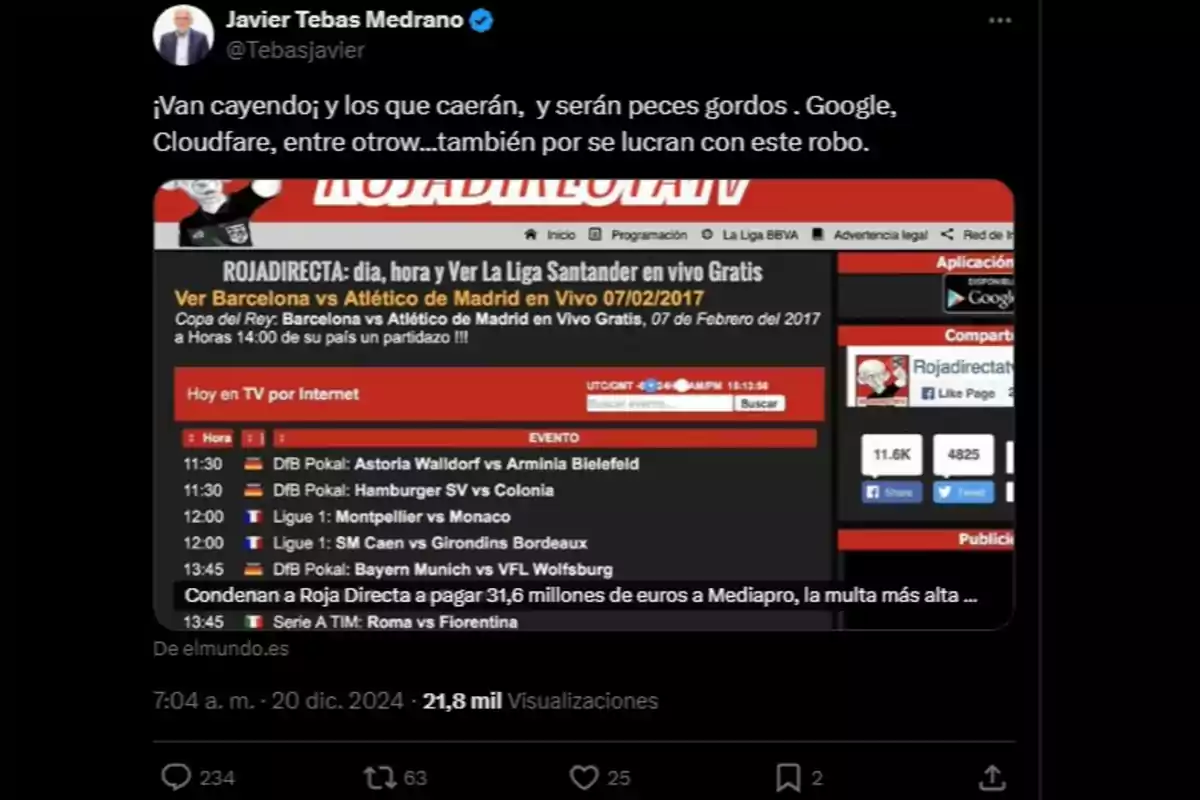 Captura de pantalla de un tuit de Javier Tebas Medrano criticando a plataformas por lucrarse con transmisiones ilegales, mostrando un sitio web de streaming de eventos deportivos.