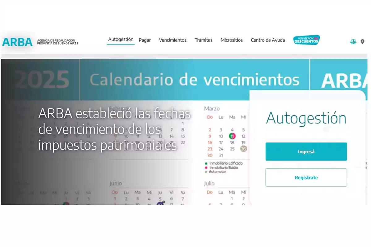 Calendario de vencimientos de ARBA para 2025 con opciones de autogestión y registro.