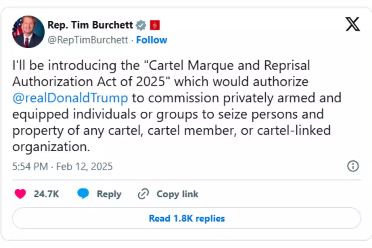 A social media post by a politician announcing the introduction of a bill that would authorize a public figure to hire individuals or armed groups to seize people and property from any cartel or organization linked to cartels.