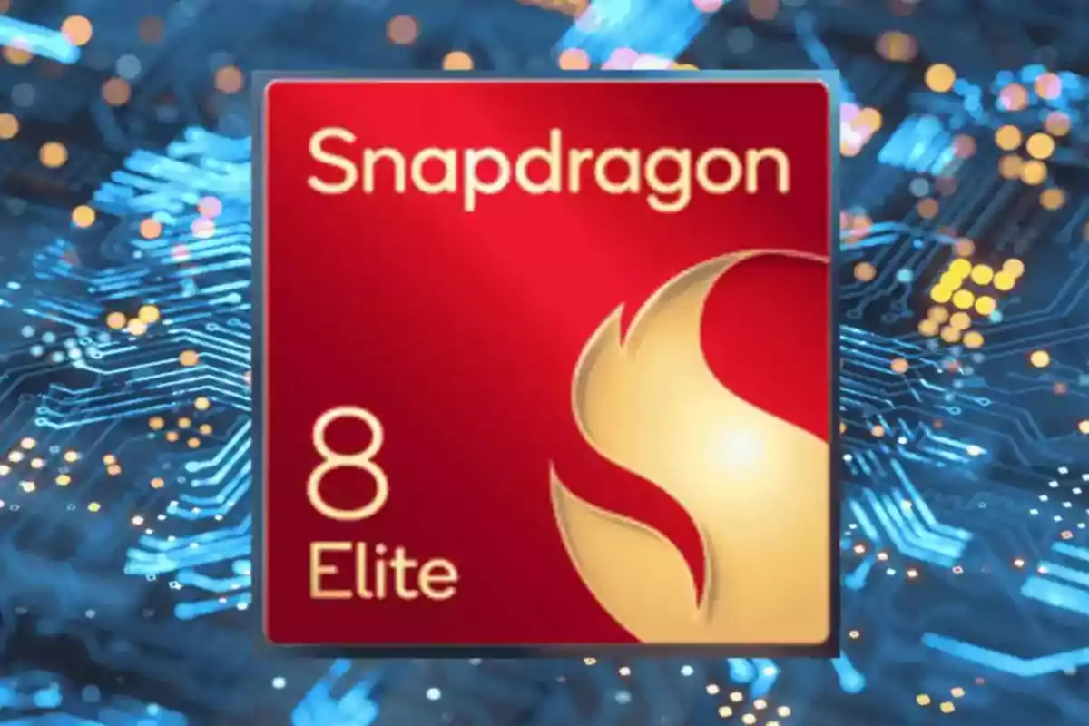 Logotipo de Snapdragon 8 Elite sobre un fondo de circuito electrónico.