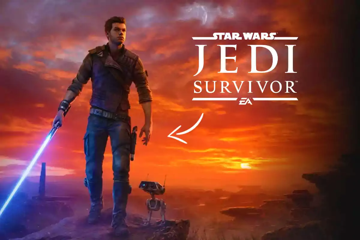 Cal Kestis con un sable de luz y un droide en un paisaje al atardecer con el logo de Star Wars Jedi Survivor.