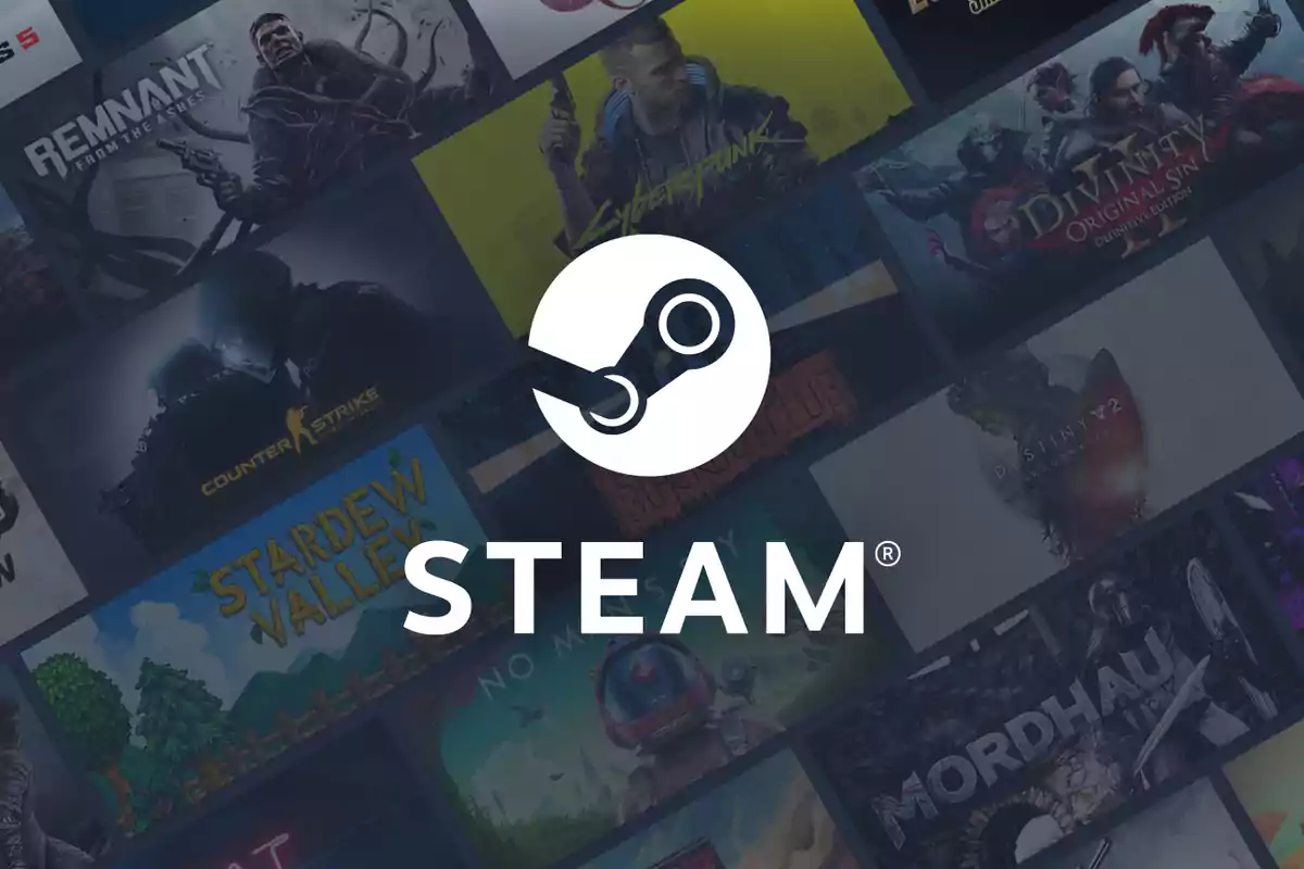 Imagen del logotipo de Steam sobre un fondo con portadas de videojuegos.