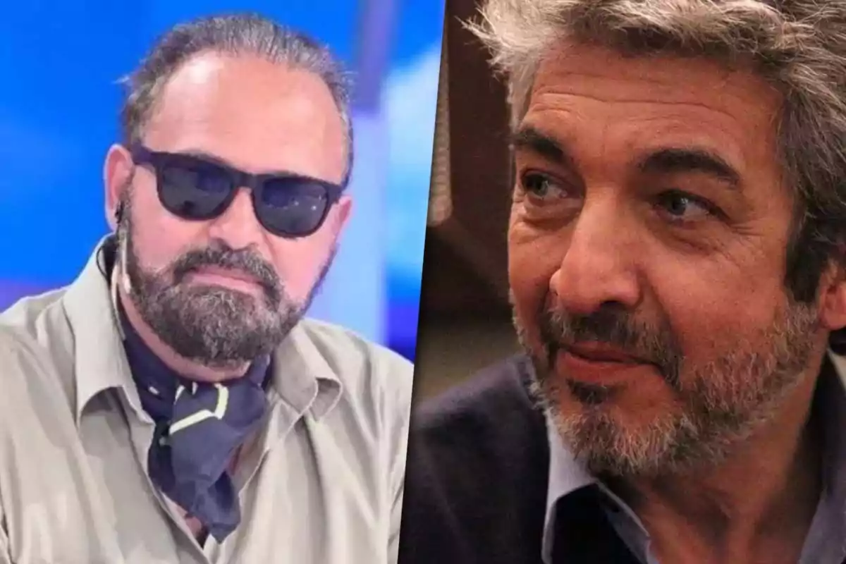 Dos hombres con barba, uno lleva gafas de sol (Augusto Tartúfoli) y el otro tiene el cabello canoso (Ricardo Darín).