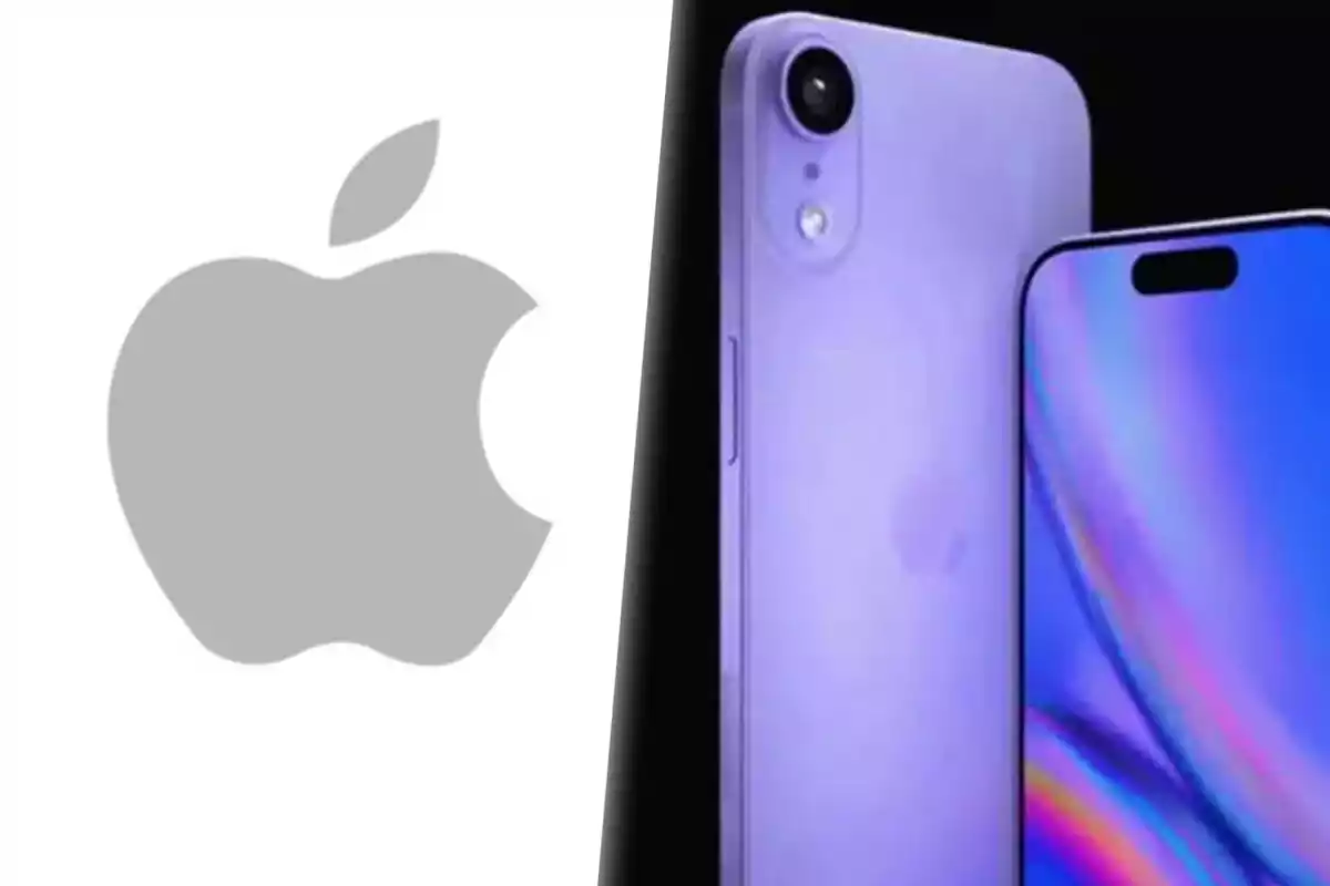 Logotipo de Apple junto a un iPhone 17 air de color púrpura con pantalla encendida.