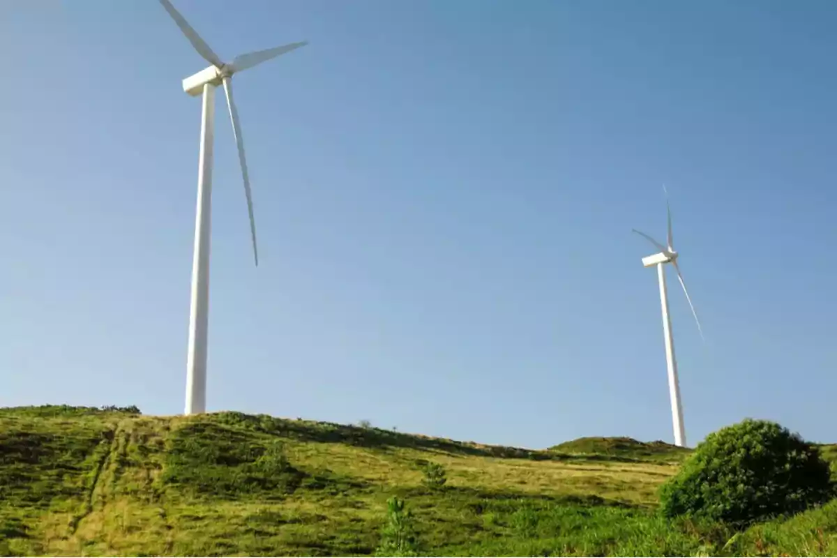 Dos aerogeneradores en una colina verde bajo un cielo despejado.