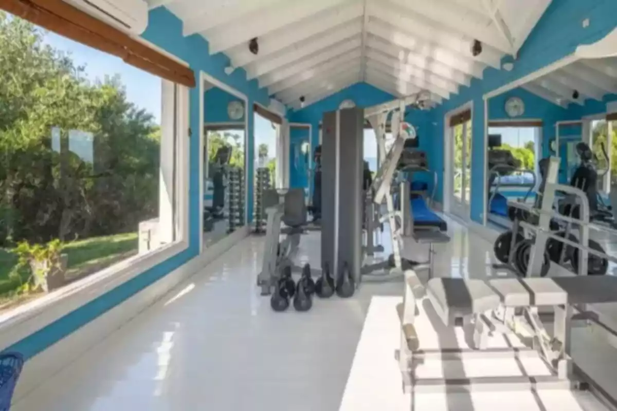 Gimnasio luminoso con paredes azules, grandes ventanas y equipo de ejercicio variado.