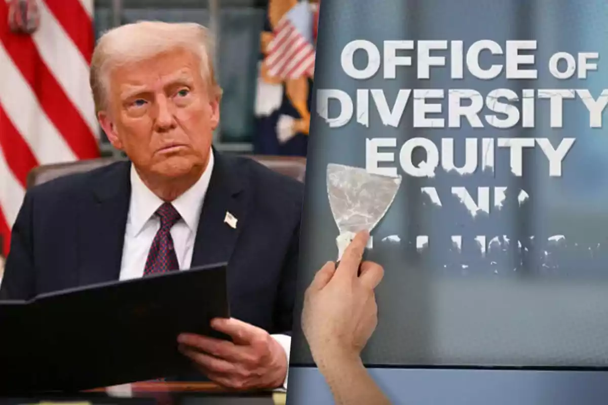 Donald Trump sentado con un documento en la mano junto a una imagen de una mano raspando letras de una pared que dicen "Office of Diversity Equity".