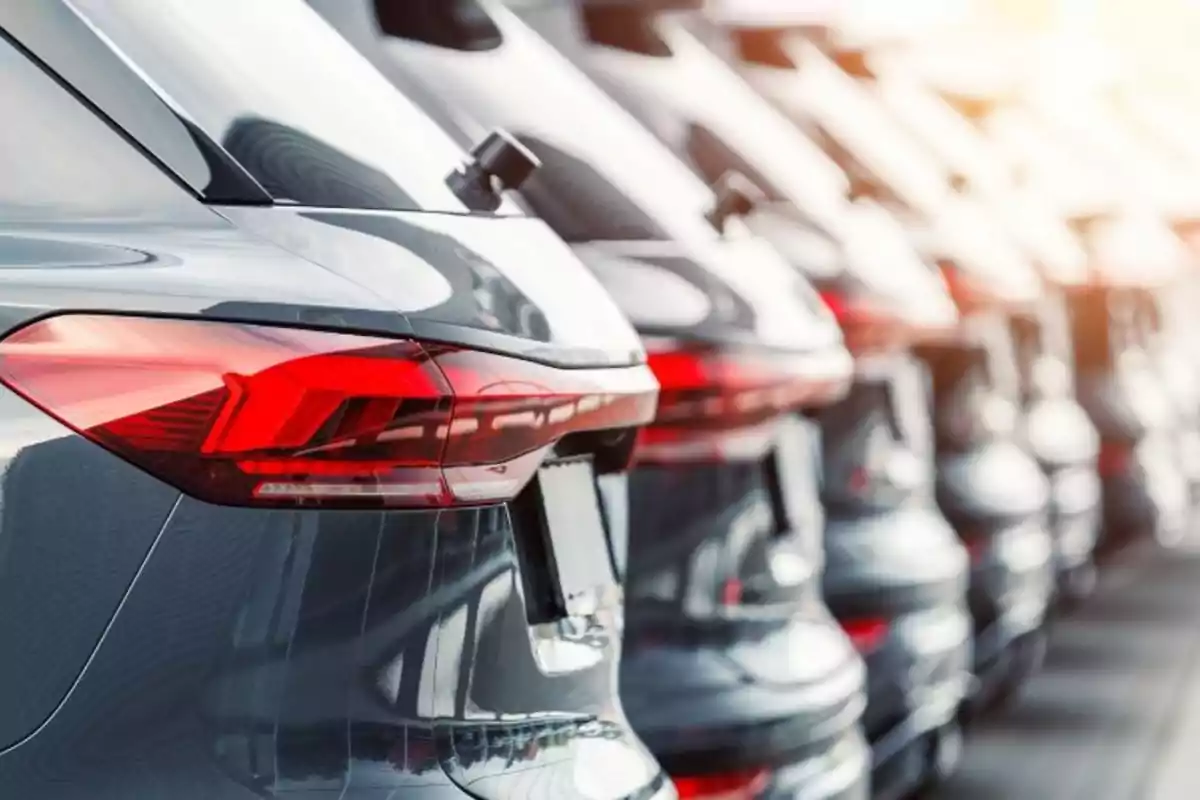 Row of parked cars with red taillights shining under the sunlight.