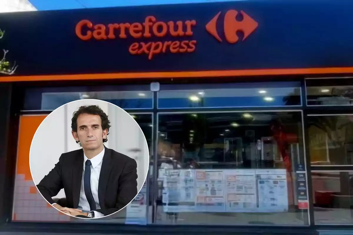 Fachada de una tienda Carrefour Express con la imagen de un hombre en un recuadro circular.