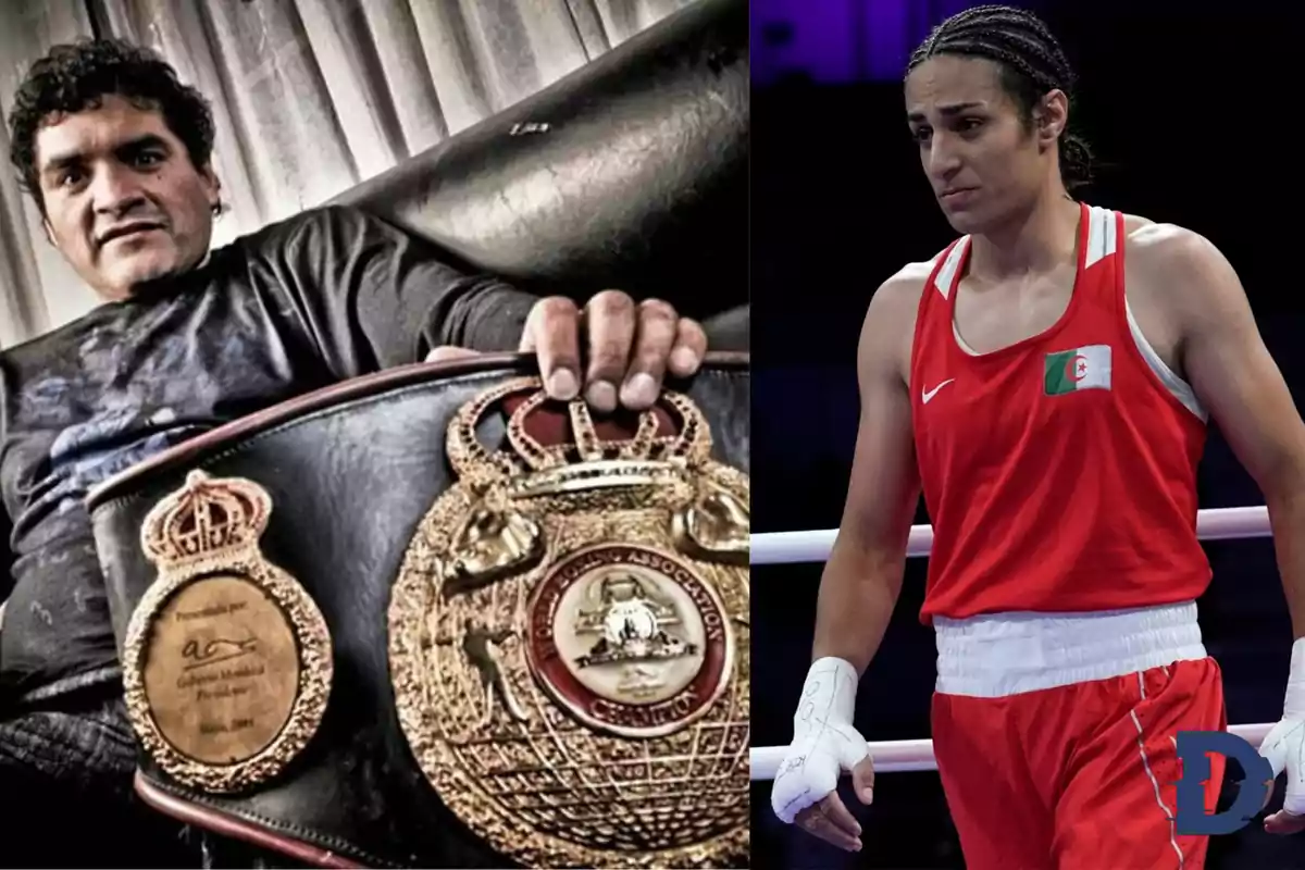 Un hombre sostiene un cinturón de campeón de boxeo mientras una boxeadora con uniforme rojo está en el ring.