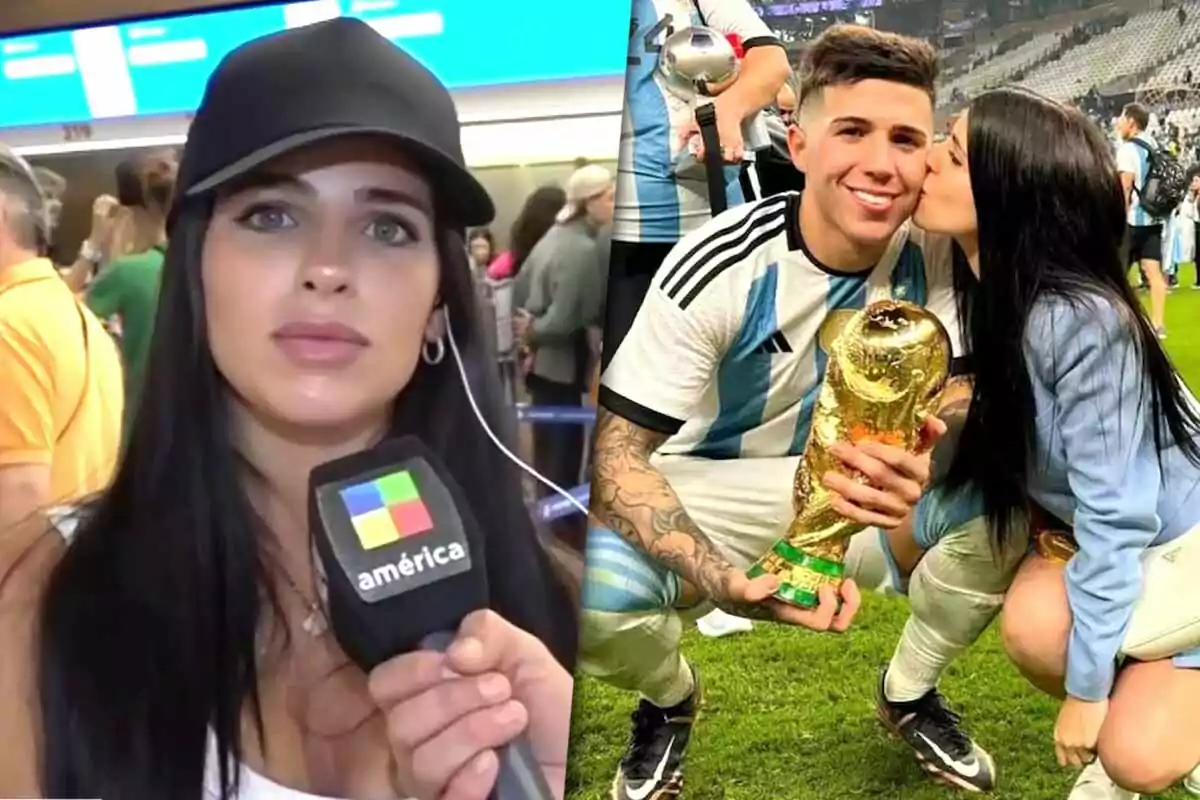 Una mujer con gorra negra (Valentina Cervantes) sostiene un micrófono de un canal de televisión, junto a una imagen de un futbolista con uniforme de Argentina (Enzo Fernández) sosteniendo un trofeo mientras Valentina lo besa en la mejilla en un estadio.