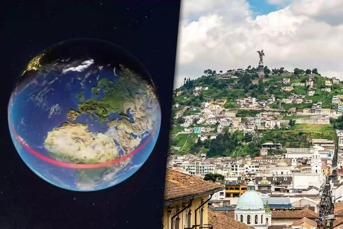 A split image shows on the left a globe with a red line representing the equator and on the right a view of a city with a hill and a statue on top.