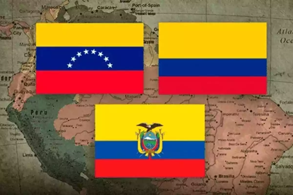 Three flags of South American countries on a map of South America.