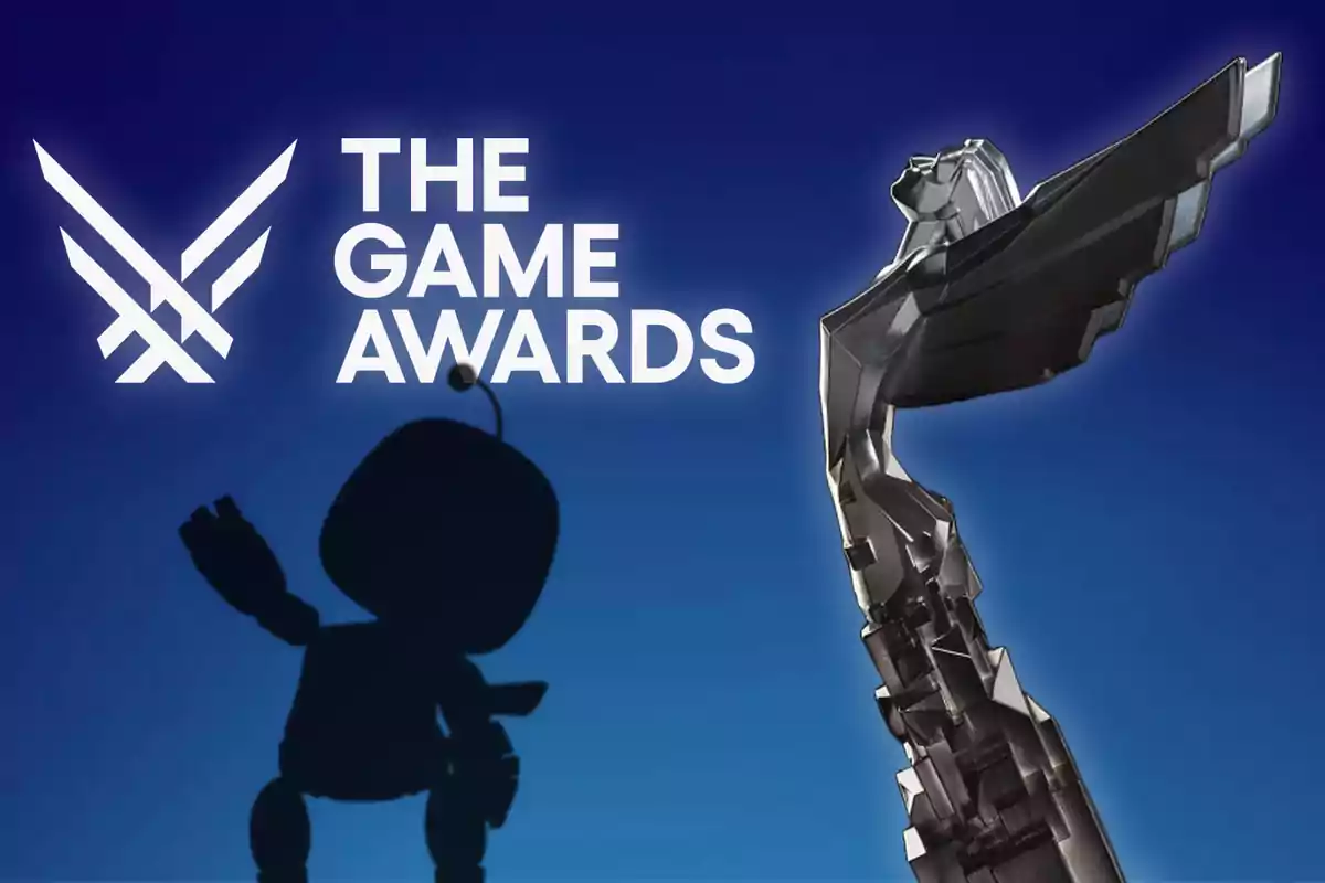 La imagen muestra el logo de The Game Awards junto al premio estatua alada sobre un fondo azul con la sombra de un personaje del juego del año GOTY y todos los ganadores de la gala