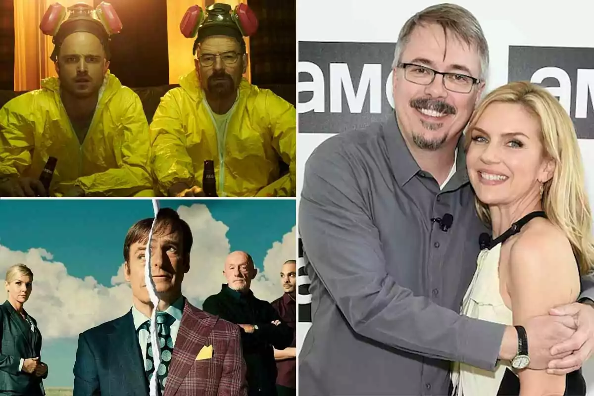 Collage composed of images from "Breaking Bad," "Better Call Saul," and a photo of Vince Gilligan with Rhea Seehorn.